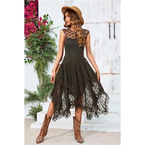 Dresses & Skirts - Army Green Lace Sleeveless Asymmetrical Layered Lace Tiered‎ Long Midi Dress